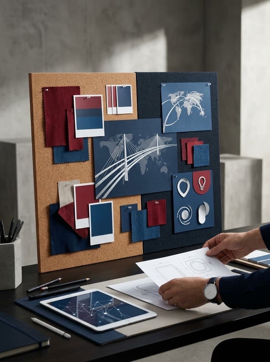 Licensing design mood board with fabric swatches, a bridge-and-world-map motif and product sketches